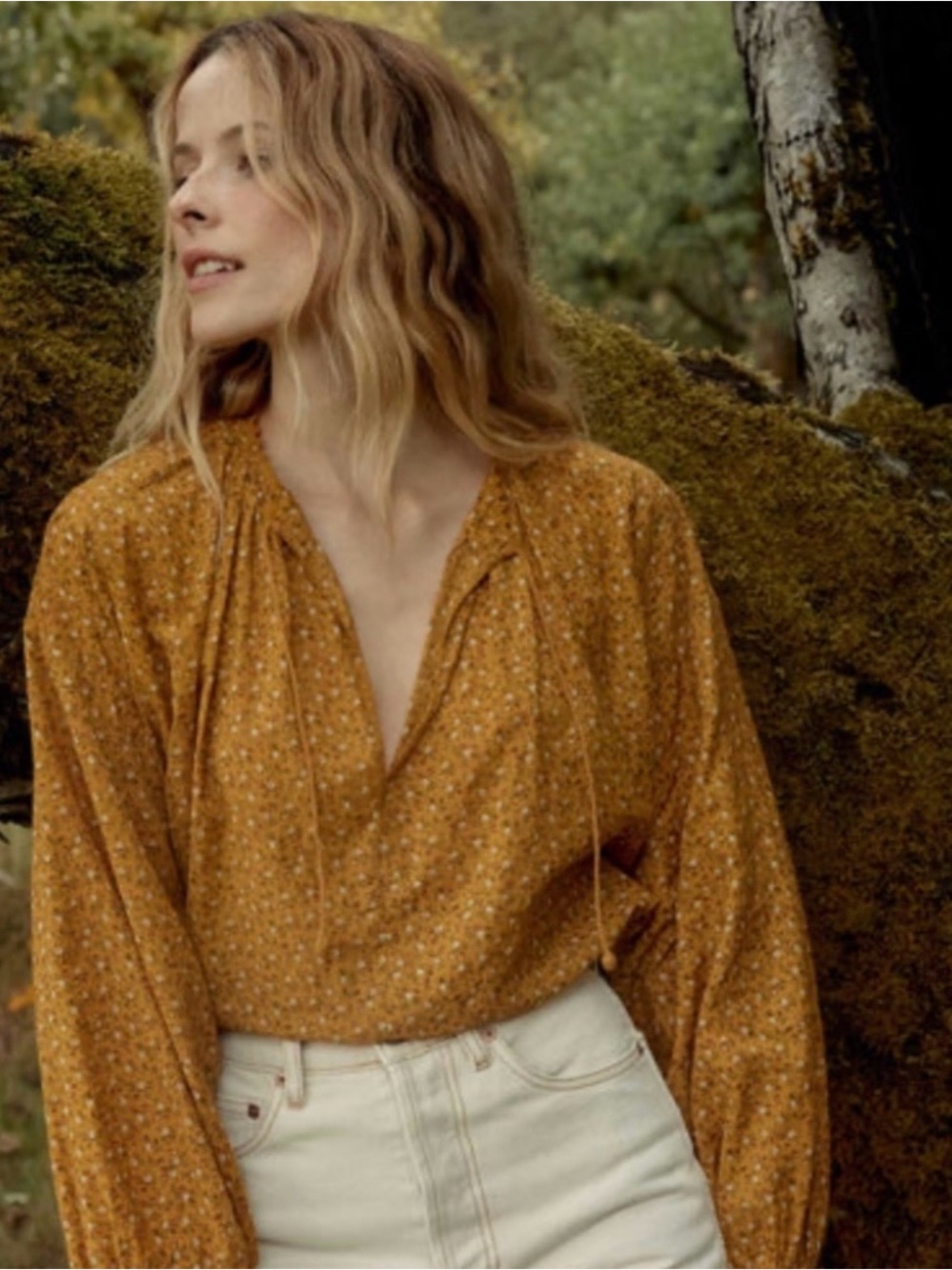Doen Jane Golden Yellow Organic Cotton Floral Peasant Blouse Size Medium